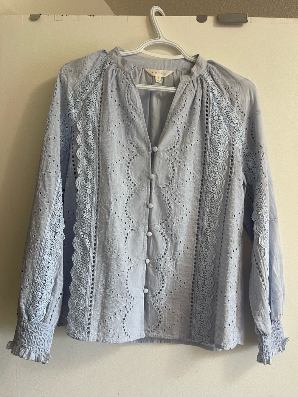 Light Blue Eyelet Lace Button-Up Blouse